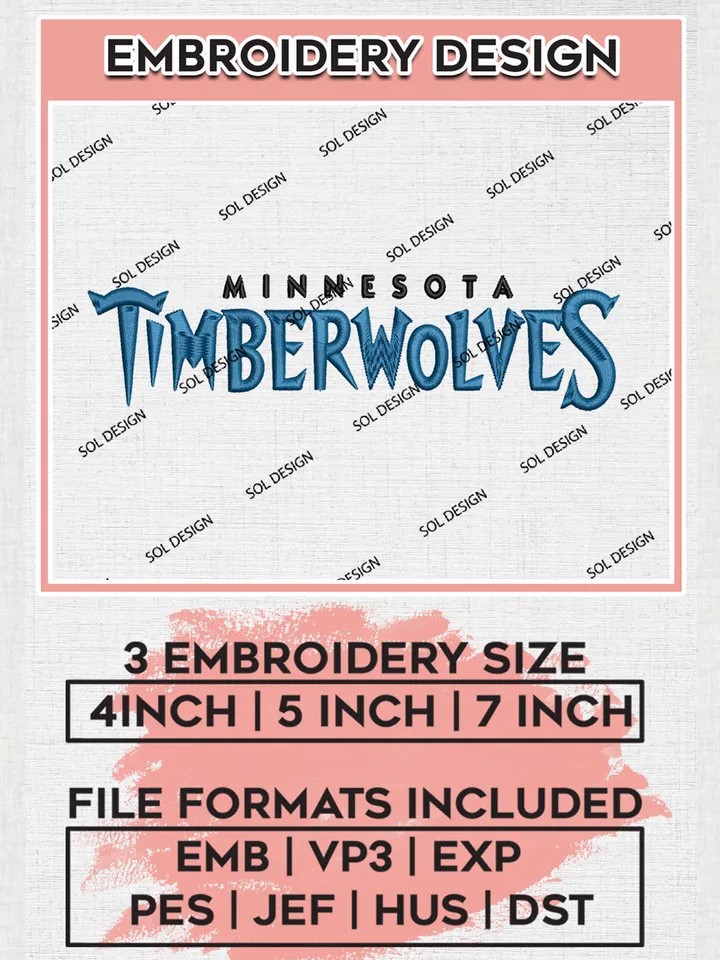 Minnesota Timberwolves Wordmark Logo Embroidery Donwload, NBA Minnesota Timberwolves Embroidery Files, NBA Logo Team Embroidery, Digital Download