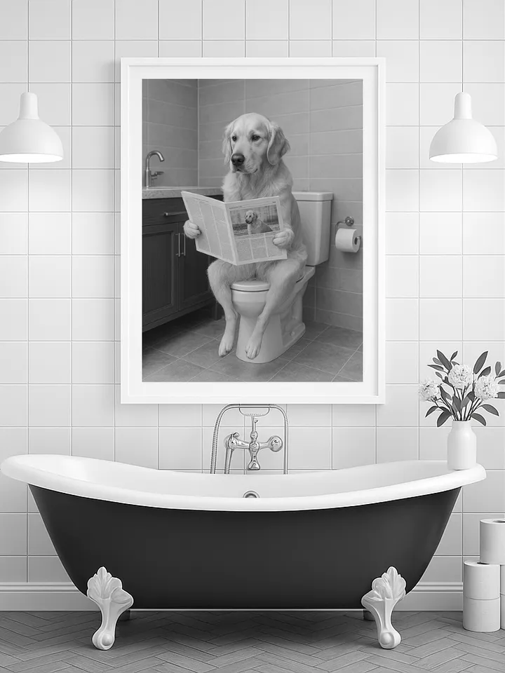 Funny Golden Retriever Bathroom Wall Art, Dog Reading on Toilet Print, Pet Lover Digital Download