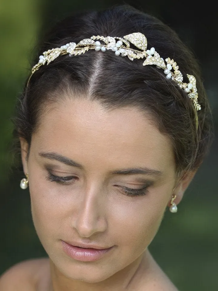 Freshwater Pearl Silver Leaf Wedding Tiara, Swarovski crystal bridal crown, Boho wedding headband
