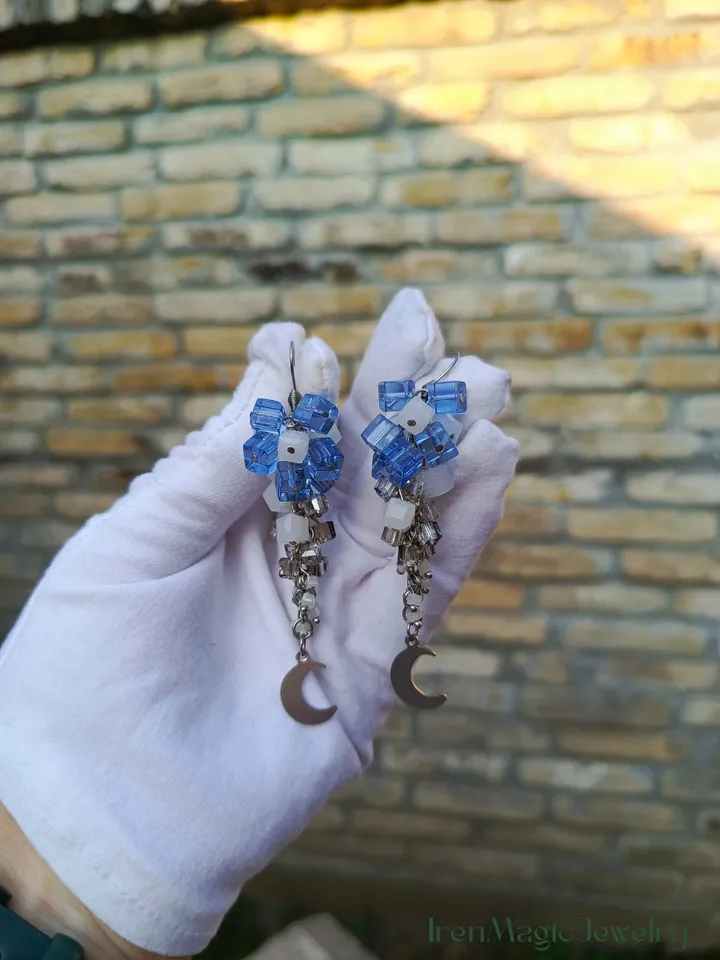 Moon Drop Cluster Earrings in Blue and White Beads