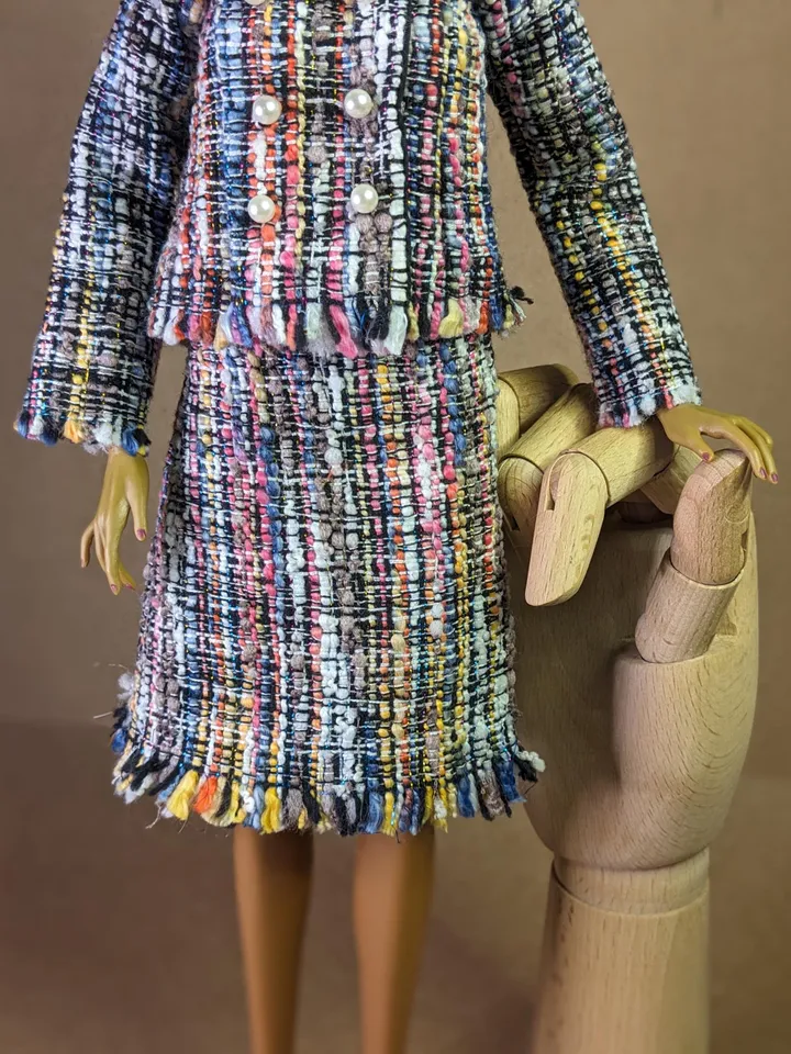 Handmade checked black & blue suit with pearl clasps for 16-inch Fashion Royalty dolls (FR16)