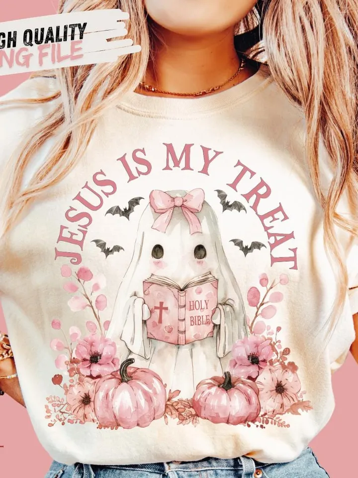 Pink Halloween PNG, Spooky Ghost, Holy Bible Ghost, Fall PNG, Christian Pumpkins, Jesus PNG, Watercolor Sublimation, Coquette Pink Ghouls