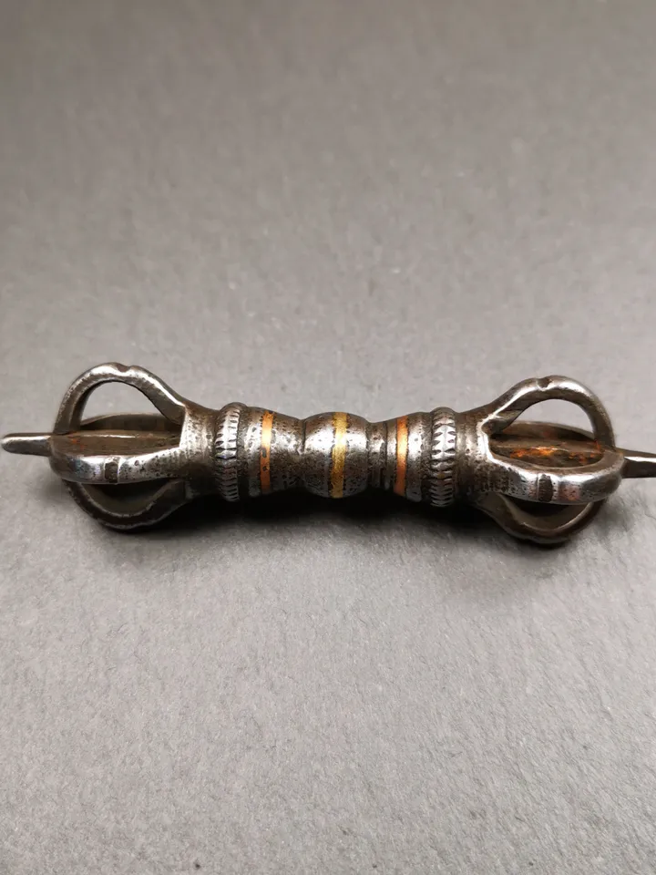 Gandhanra Vintage Five-pronged Vajra Dorje,Tibetan Buddhism (Vajrayana) Ritual Implement,Made of Cold Iron,Inlaid Copper Wire,30 Years Old