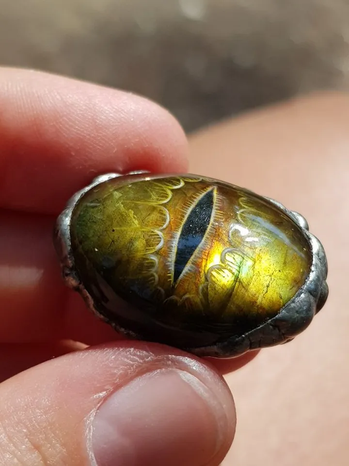 Dragon or snake eye ring Golden Labradorite ring Oil painting miniature on stone