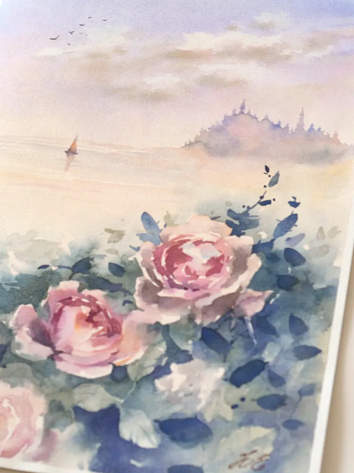 Fantasy seascape painting Original art Castle, roses and sea Watercolor by Yulia Evsyukova