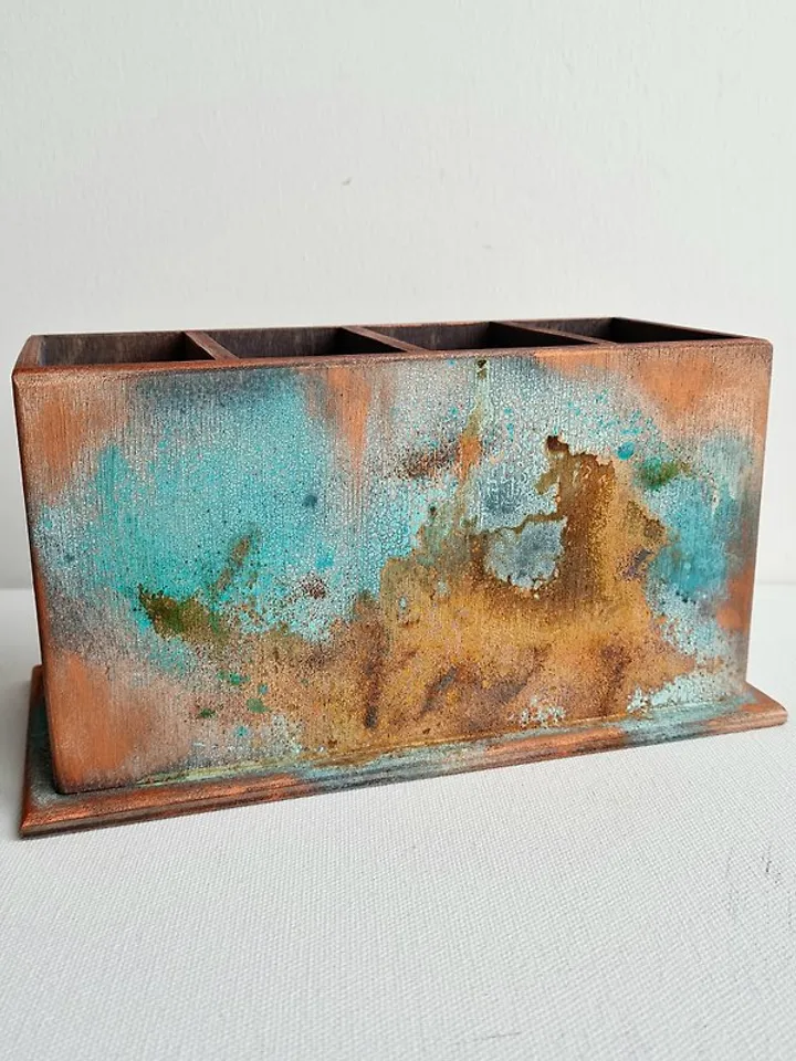 Wood remote control holder Art oxidized aged rustic old copper color remote box