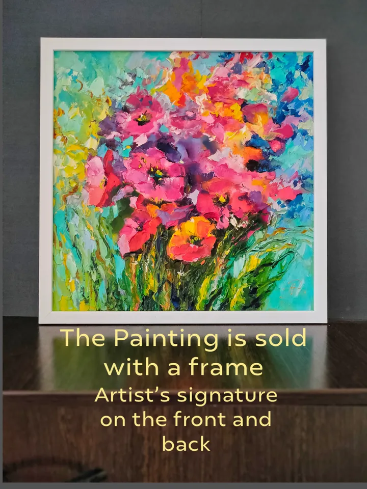 Bouquet Flowers Poppies Oil Canvas on Cardboard Original Art Painting Impasto Palette Knife 16 x 16 inches by Artist Natalia