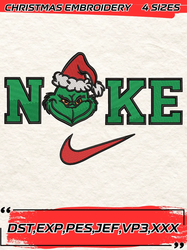 Swoosh Grinch Face Christmas Embroidery Design,Christmas Embroidery Design,4 Sizes,Digital Download
