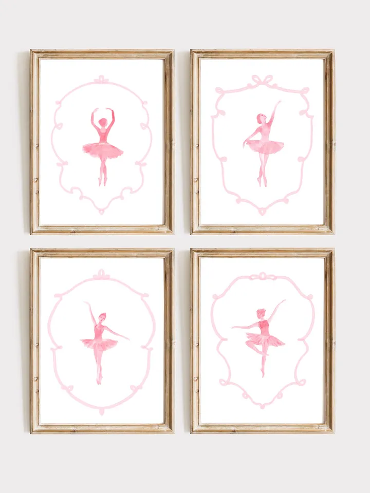 Pink Set Of 4 Ballet Nursery Wall Art Prints, Watercolor Painting, Kids Ballet Prints, Blush Ballerina, Girls Ballet Prints, Vintage Dance