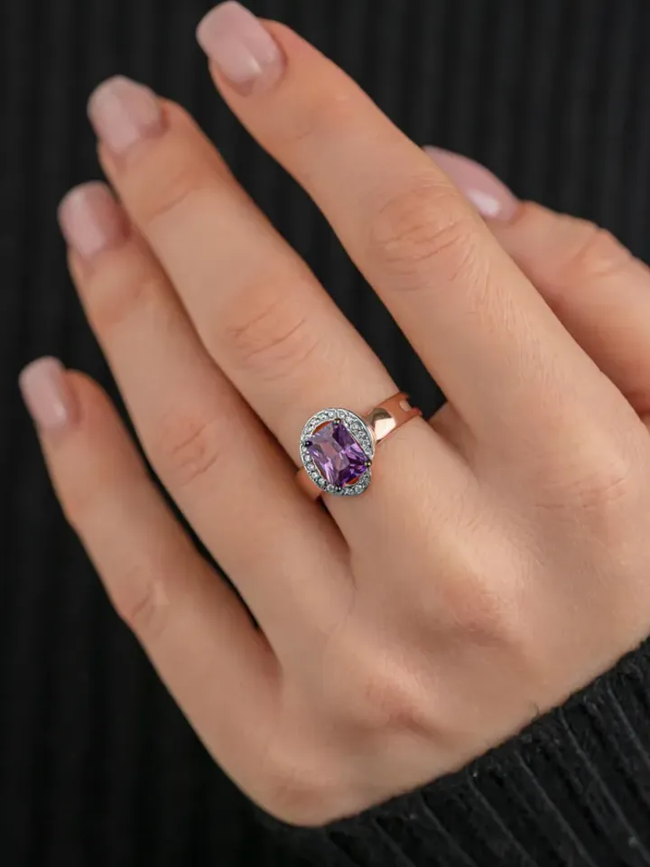 Ring Silver gold plated 925 assay value with amethyst