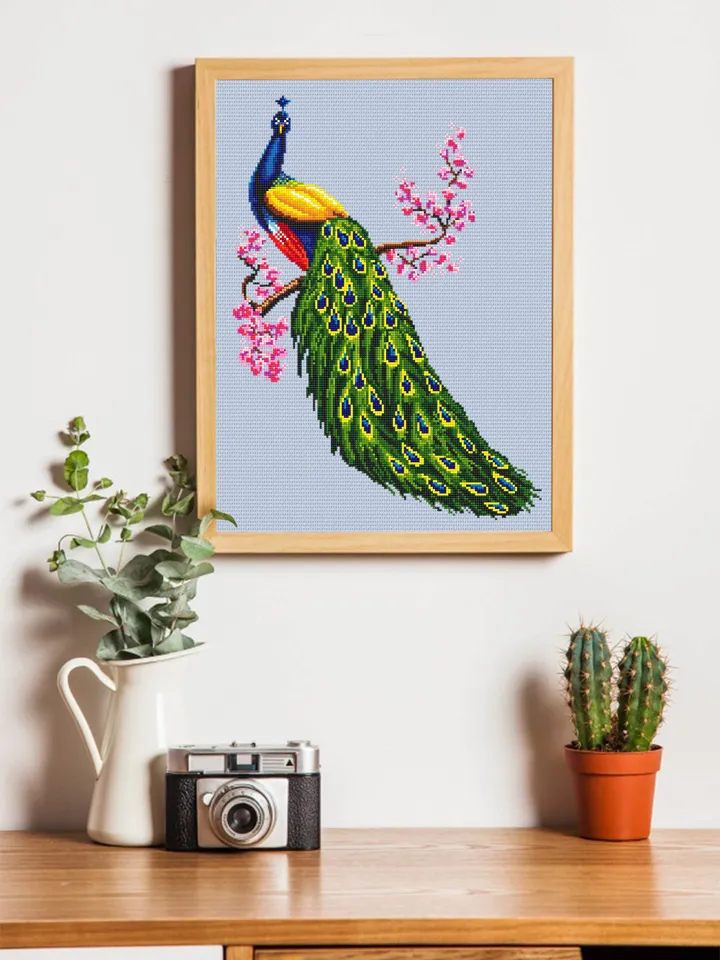 Peacock cross stitch pattern download PDF, Colorful bird hand embroidery PDF, Peacock feathers cross stitch, Spring flowers cross stitch #D3