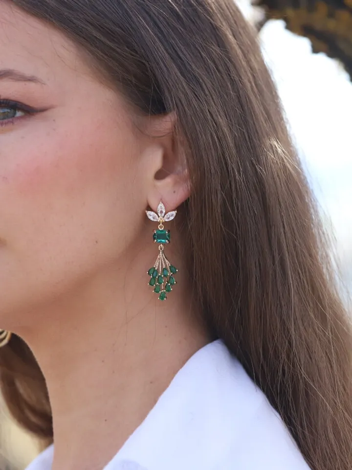 Art Deco Earrings, Boho Bridal Earrings, Statement Wedding Earrings, Emerald Gold Chandelier Earrings, Flower Earrings, Long Wedding Earring