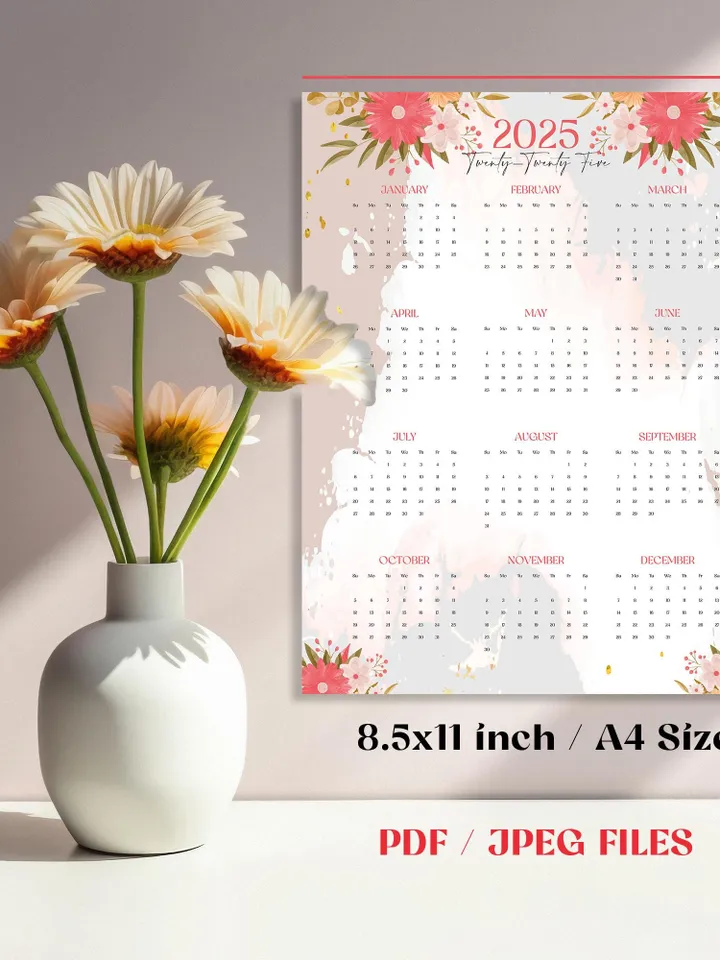 Printable 2025 Calendar, Monthly and Yearly Floral Calendar, A4 PDF & JPEG Files, Digital Wall Calendar, Modern Home Office Decor, New Year