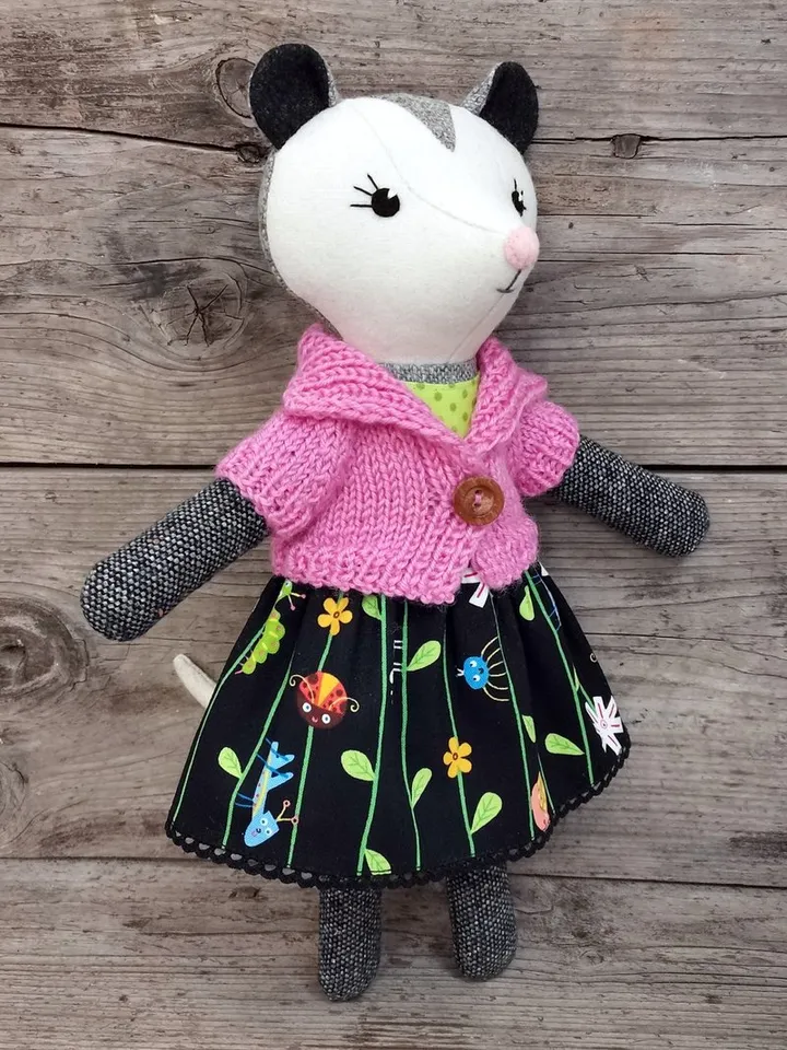 Gray possum girl, plush animal doll, wool stuffed opossum toy