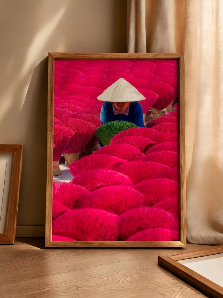 Vietnam Culture Poster | Vibrant Pink Wall Decor | Asian Travel Print | Exotic Home Art | Vietnamese Traditional Life Print | Incense Sticks