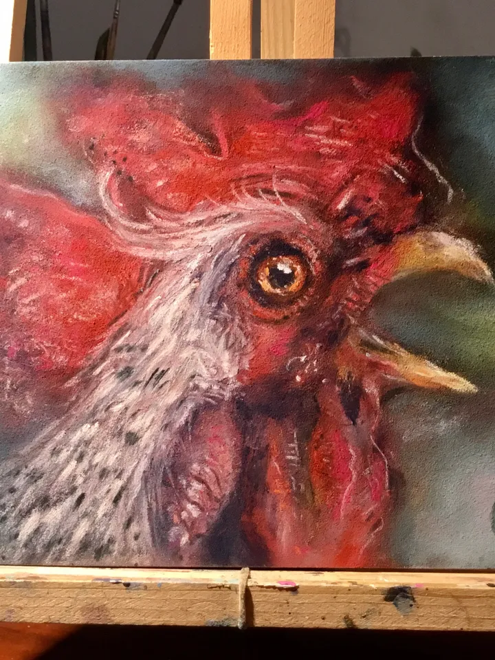 Red rooster original soft pastel painting on cardboard,funny animals pastel art,small painting gift,kitchen wall decoration.