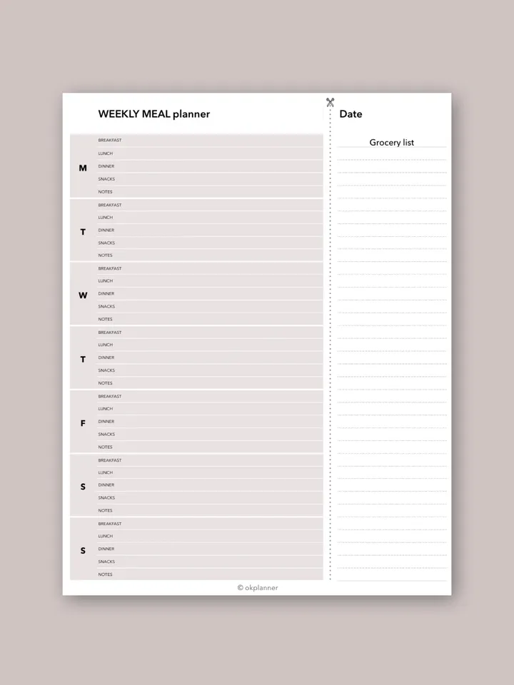 Weekyl meal planner with grocery list. Family budget. Weekly menu. Menu planner sheet. Household planner.