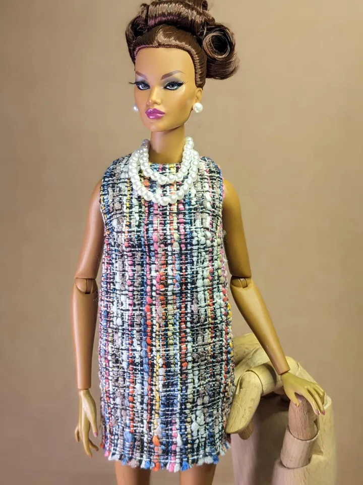 Handmade checked black & blue bouclé mini dress for 16-inch Fashion Royalty dolls (FR16)