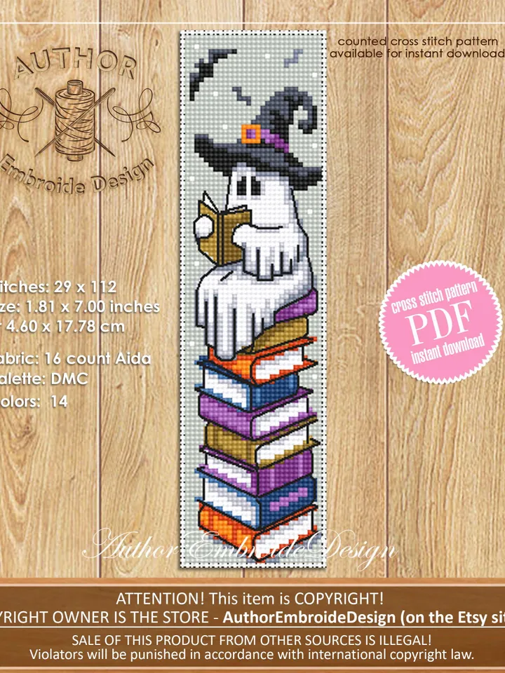 Witch ghost bookmark cross stitch pattern PDF download Reading ghost cross stitch chart, Cute Halloween bookmark pattern digital PDF #B365