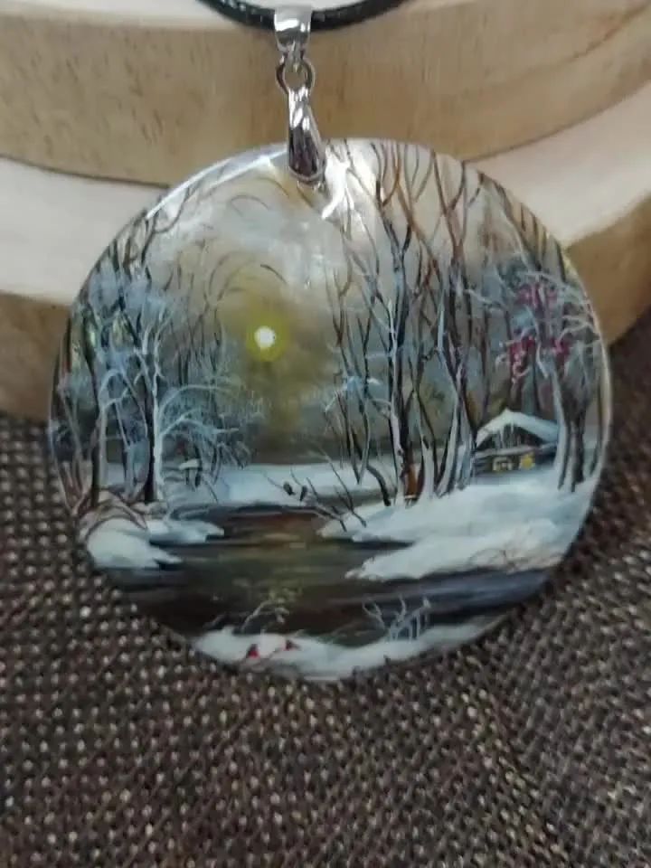 Mother-of-pearl pendant "Winter Fairy tale". Hand-painted jewelry. An artistic gift from Fedoskino. Russian Lacquer miniature on a shell