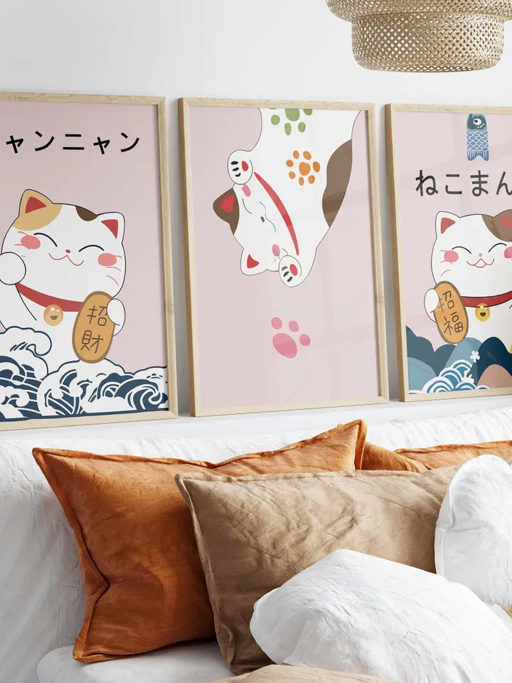 Japanese Style Poster Lucky Cat Printable Wall Art Cute Animal Art Print Modern Cartoon Wall Art Picture for living room Digital Home Decor