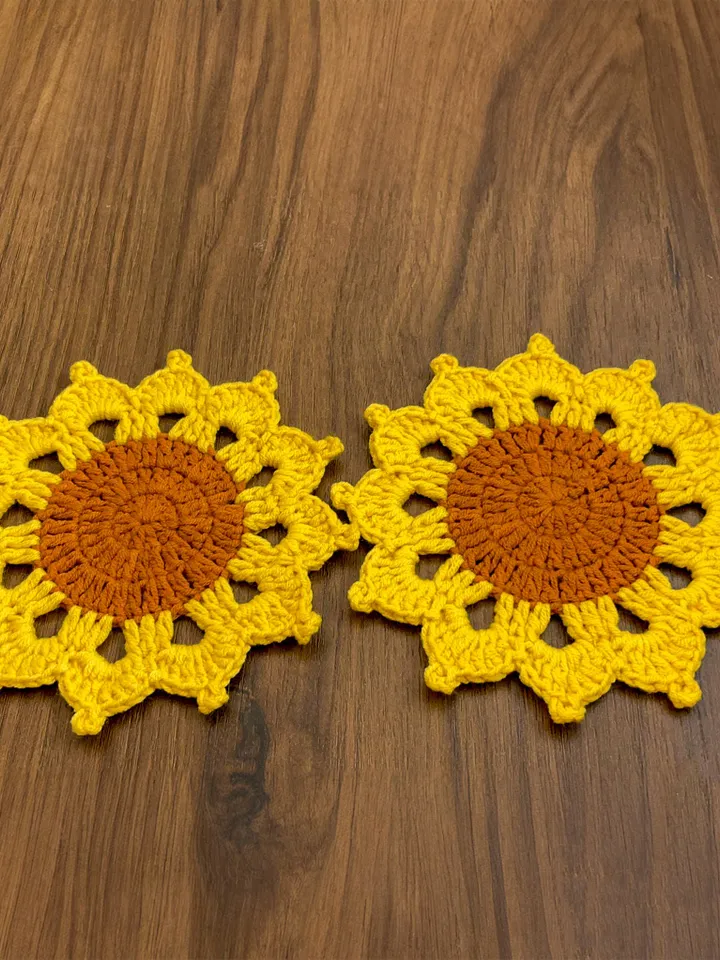 Cute Sunflower Crochet Coasters - Handmade Doily Coaster Set for Coffee and Tea - Fall Themed Sunflower Crochet Coaster Gift