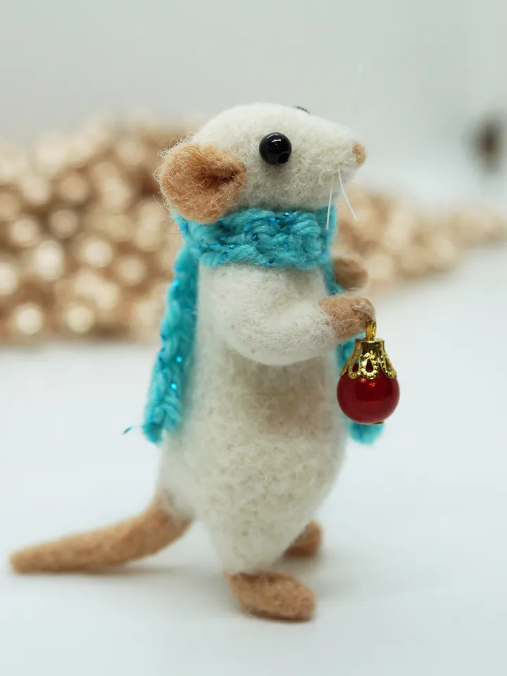 William the mouse, miniature needle felted mouse in a blue scarf, Christmas gift, made to order