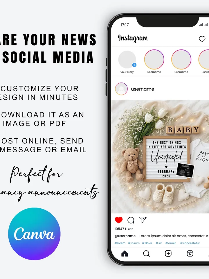 Unexpected Pregnancy Announcement Digital Baby Reveal for Social Media Editable Canva Template