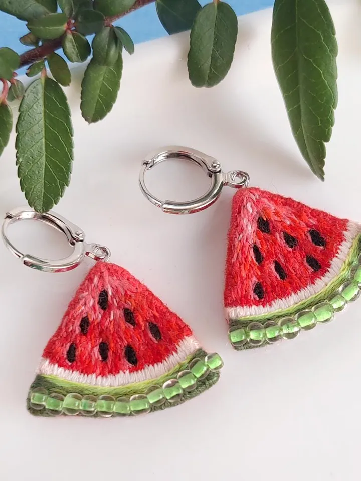 Watermelon Slice Earrings Embroidery Handcrafted Seed Bead Dangles Fun Summer Jewelry Artisan Earrings Quirky Jewelry Accessory Gift