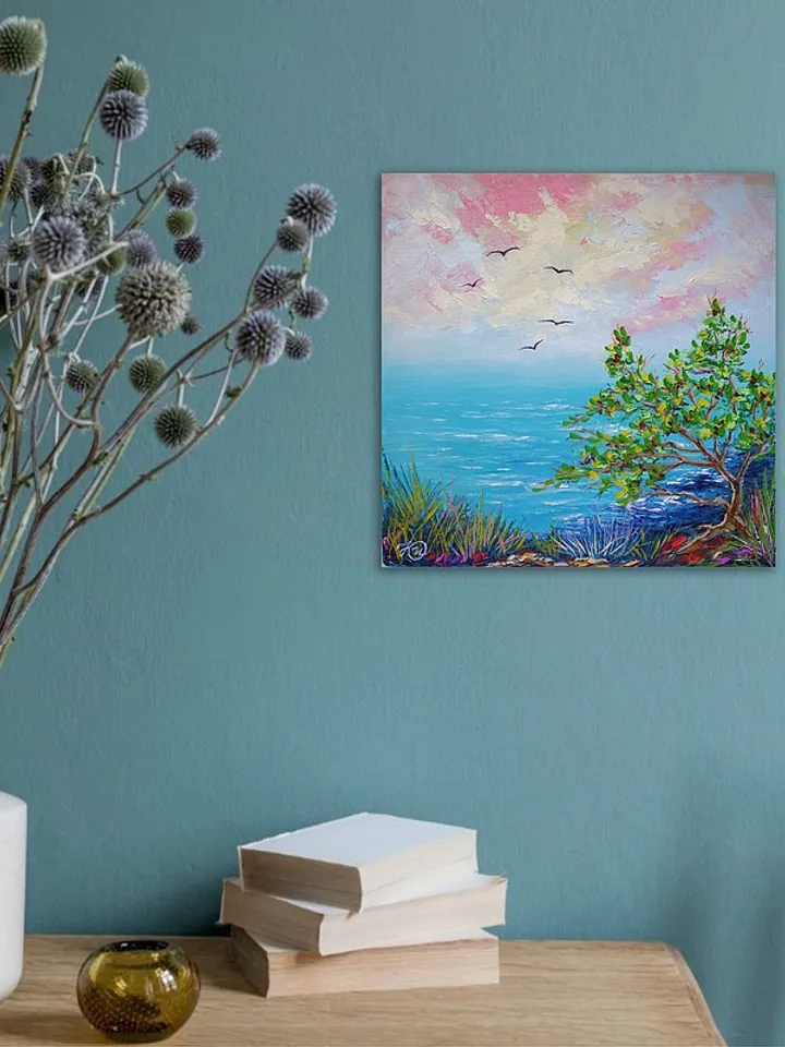 Seascape Painting Tree Original Art Landscape Artwork Beach Oil Painting Canvas
