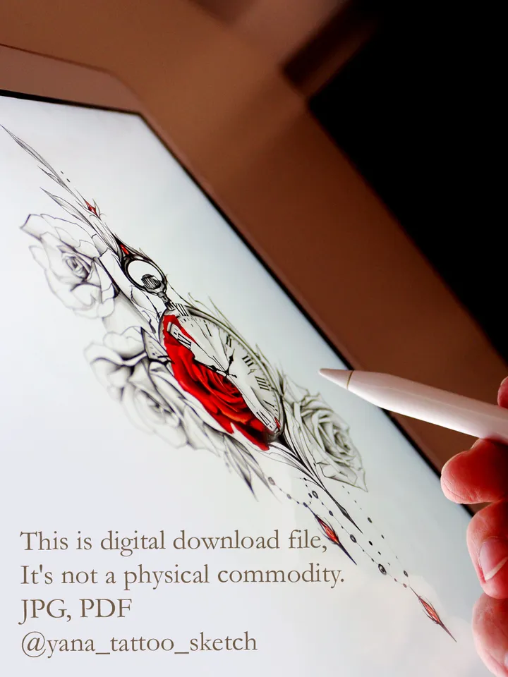 Pocket Watch Tattoo Design Pocket Watch Tattoo Stencil Drawing Idea, Instant download PDF, JPG