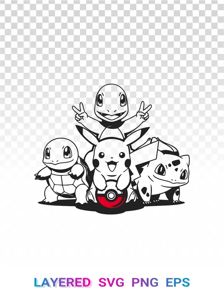 Pokemon Starter Trio SVG PNG, Pikachu Squirtle Bulbasaur Clipart