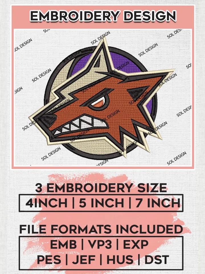 NHL Coyotes Head Mascot Logo Embroidery Files, Arizona Coyotes Machine Embroidery Designs, NHL Embroidery Designs, NHL Machine Embroidery Designs, Digital Download