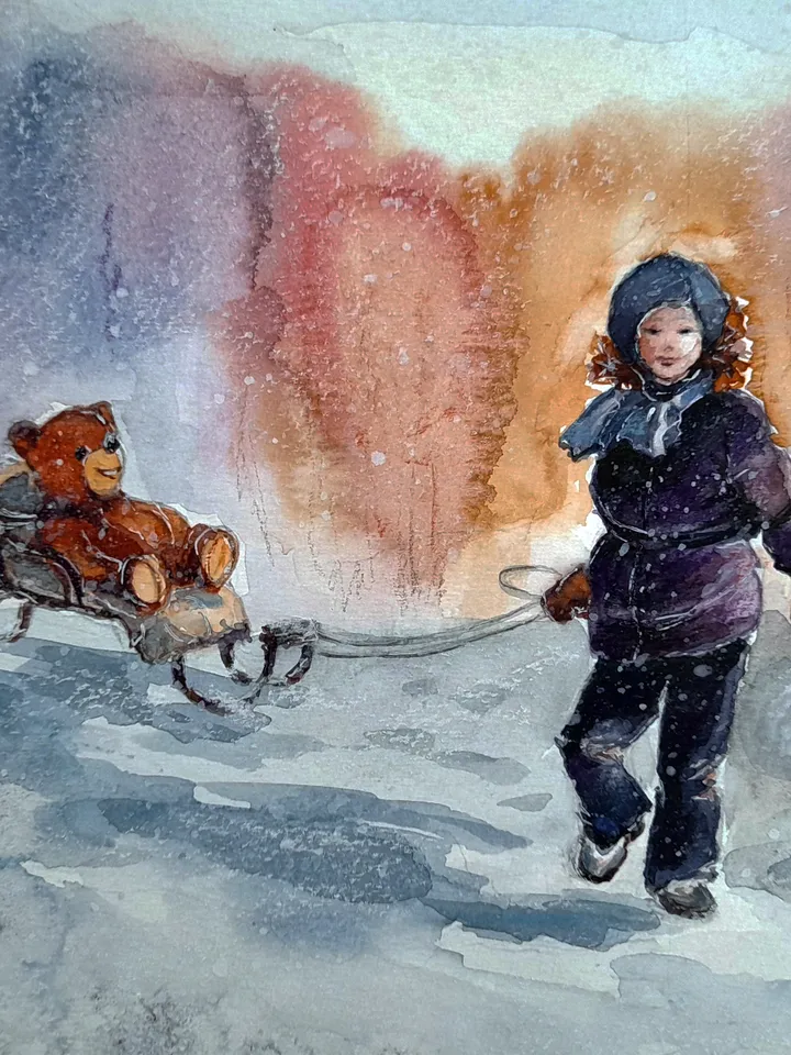 Watercolor painting. A fun walk with a teddy bear. The Winter Fun series 32x24cm (approx.12.6х9,5 inches with margins)