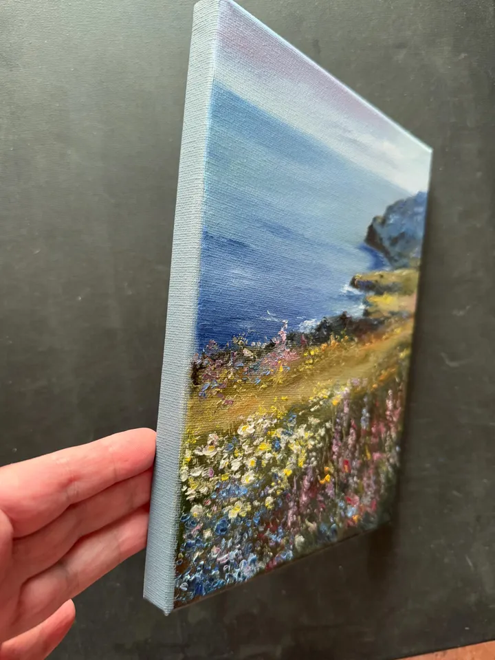 Original Oil Seascape Painting Beach Oil Painting Wildflower Artwork
