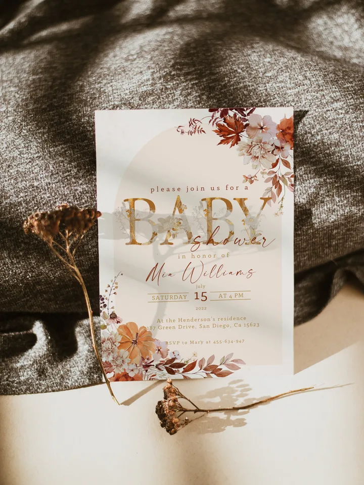 Rustic Autumn Baby Shower Invitation; Boho Flowers Baby shower; Little Pumpkin baby shower; editable template canva; Fall; Autumn; Pumpkin