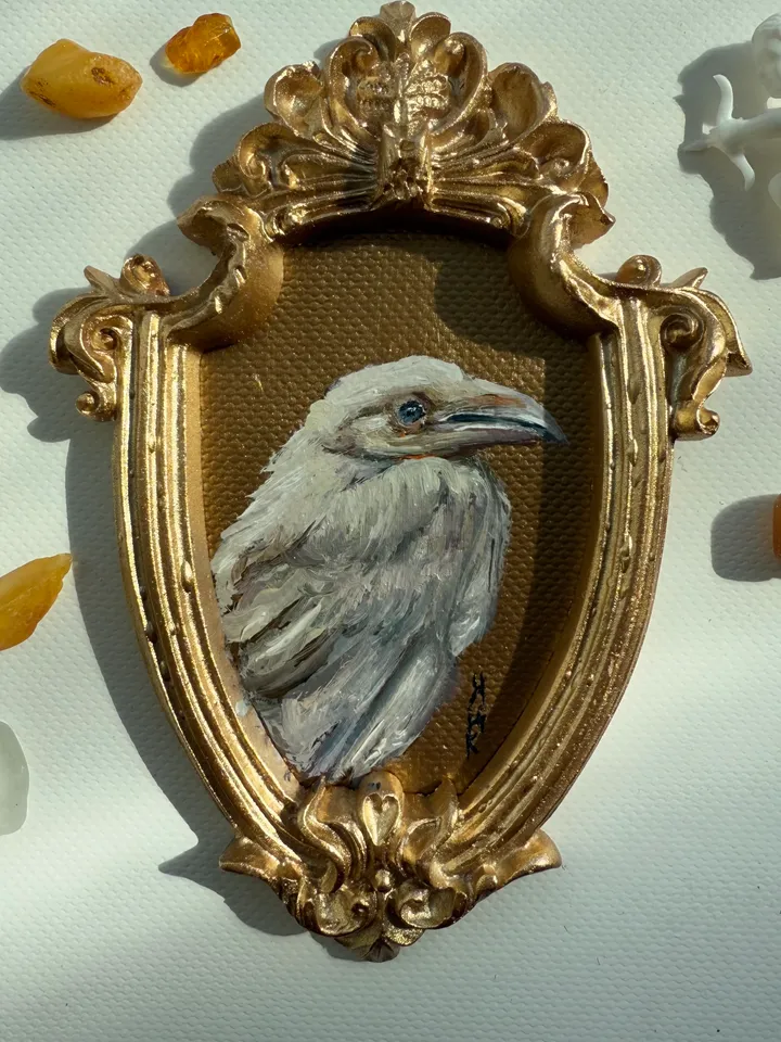 Framed Albino Raven Painting Small Original Witch’s Friend Artwork Crow Art Tiny Oil Painting Bird