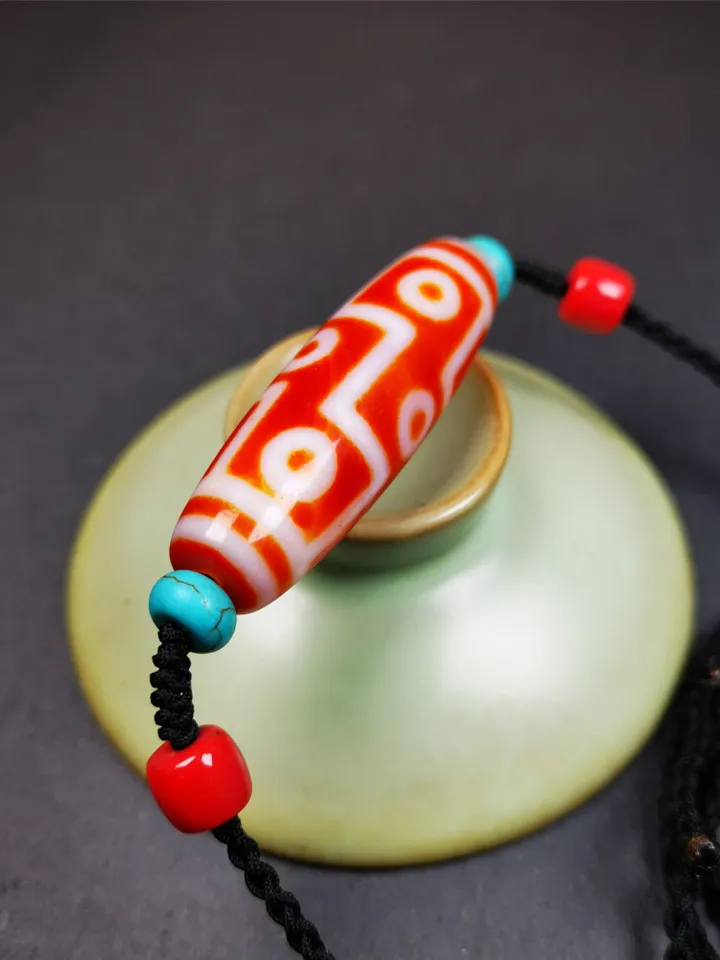 Gandhanra Unique Tibetan Fire Agate 9 Eyes Dzi Bead Necklace,1.93&quot; x 0.59&quot;