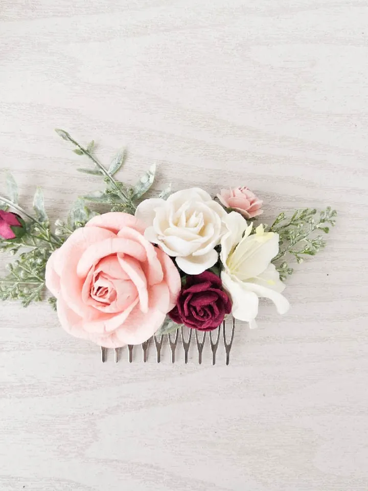 Blush Burgundy flower hair comb, Bridesmaid hair piece, Bridal hair comb, Wedding hair comb, Blush rose hair