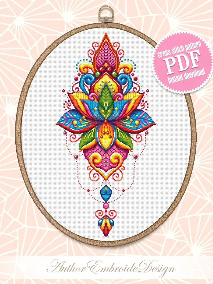 Lotus flower mandala cross stitch pattern PDF download Floral mandala embroidery PDF, Rainbow lotus cross stitch chart, Indian mandala #M198