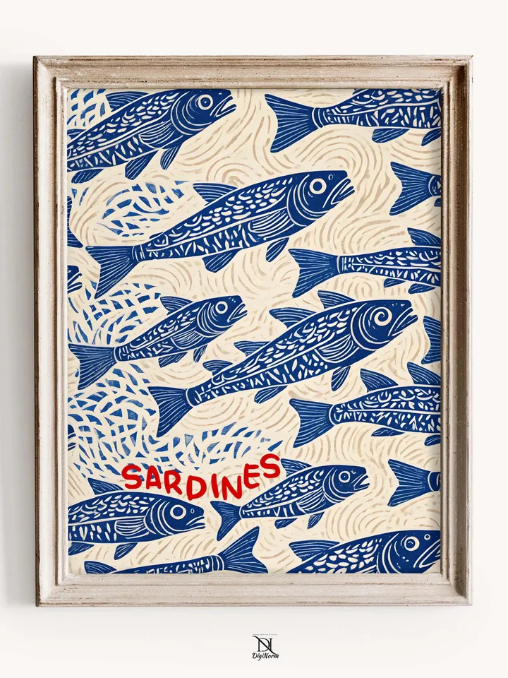 Sardines Print Sardine Tin Vintage Poster Retro Sardine Wall Art Fish Print Eclectic Wall Art Colorful Kitchen Art Maximalist Poster Digital
