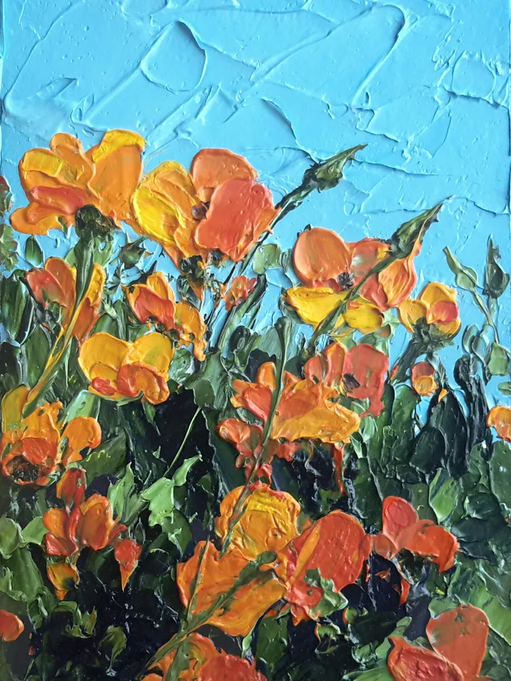California Poppies Original Oil ACEO Painting Impasto Miniature Artwork