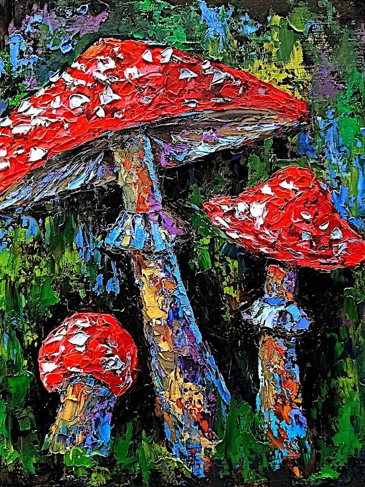 Fly Agaric Painting Alice in Wonderland Original Art Amanita Mushroom Painting Impasto Woodland 12" x 12" By Colibri Art