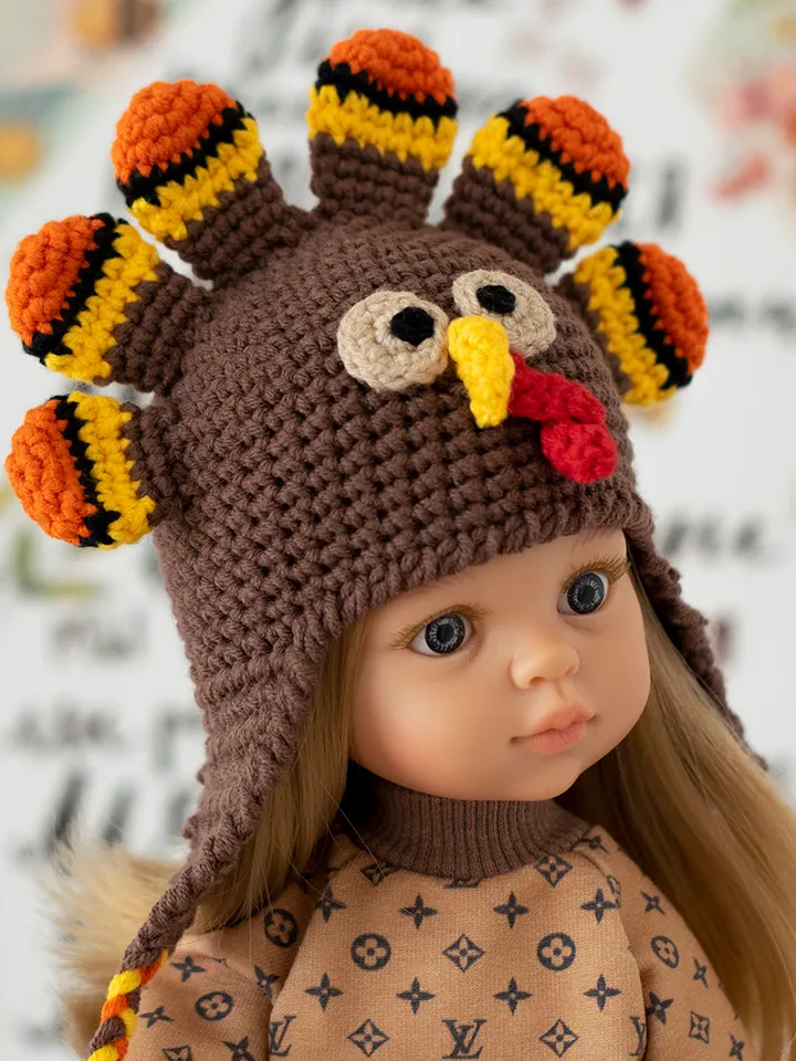 Crocheted Turkey hat for Paola Reina doll, Meadowdolls Dumplings, Little Darling, Siblies Ruby Red for Thanksgiving Day