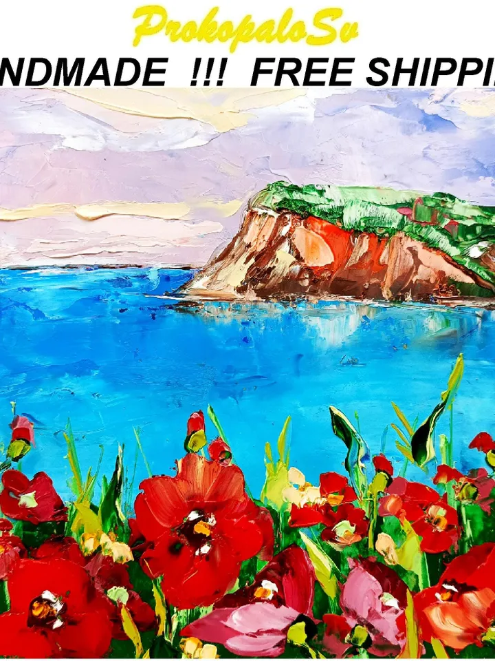 Poppy Painting Tuscany Original Art Seascape Oil Painting Impasto Small Artwork 8х8 Tuscan Serenity Original Gifts Impasto Oil Painting