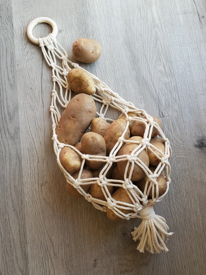 Macrame Potato Net Macrame Produce Bag for Boho Kitchen Decor Kitchen Storage Organization Macrame Fruit Hammock Unique Boho Gift Under 50