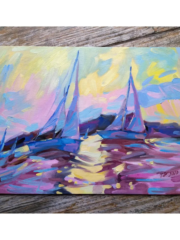 Baker Beach painting San Francisco original art 10 by 14 in Boat wall art Yachts artwork by Natalia Plotnikova