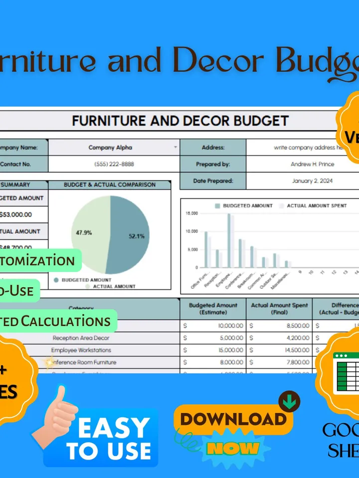 Furniture and Decor Budget Template, Home Styling Cost Planner, Interior Design Expense Tracker, Room Makeover Budget Spreadsheet