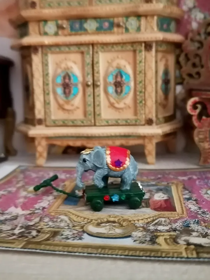 Elephant on a cart. Dollhouse miniature.1:12 scale.