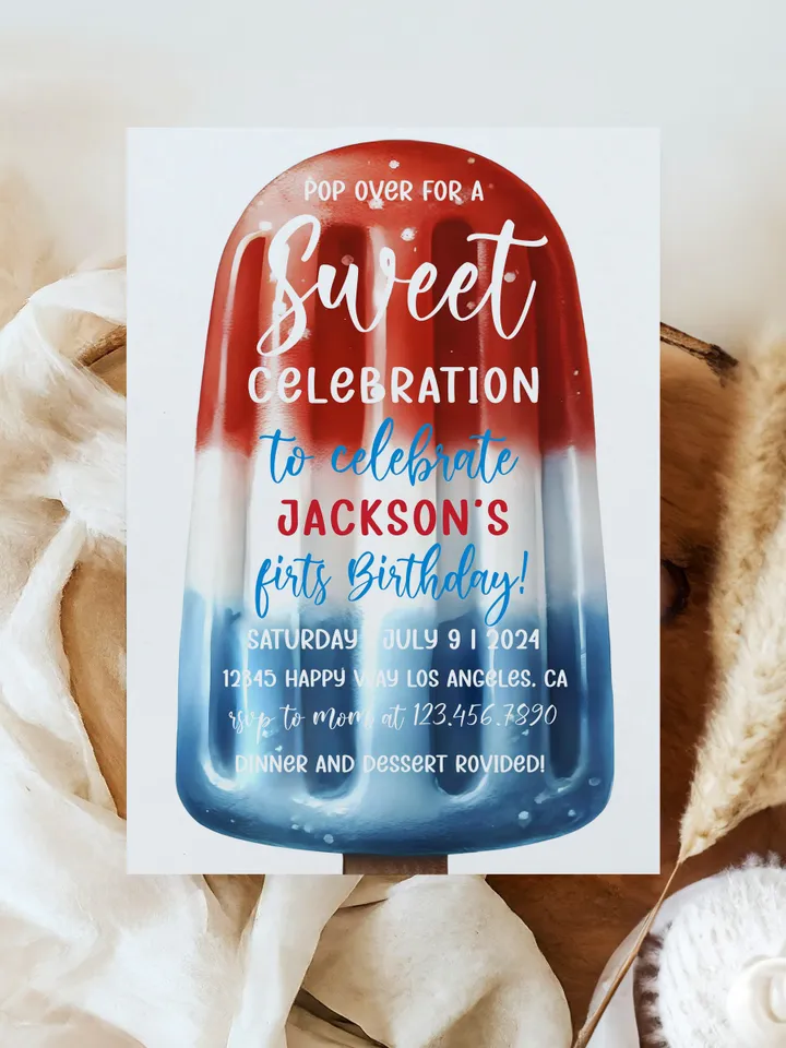 4th of July Invitation, Popsicle Birthday Invitation, Popsicles Pop on Over Invitation, Patriotic Party Invitation, Editable Template